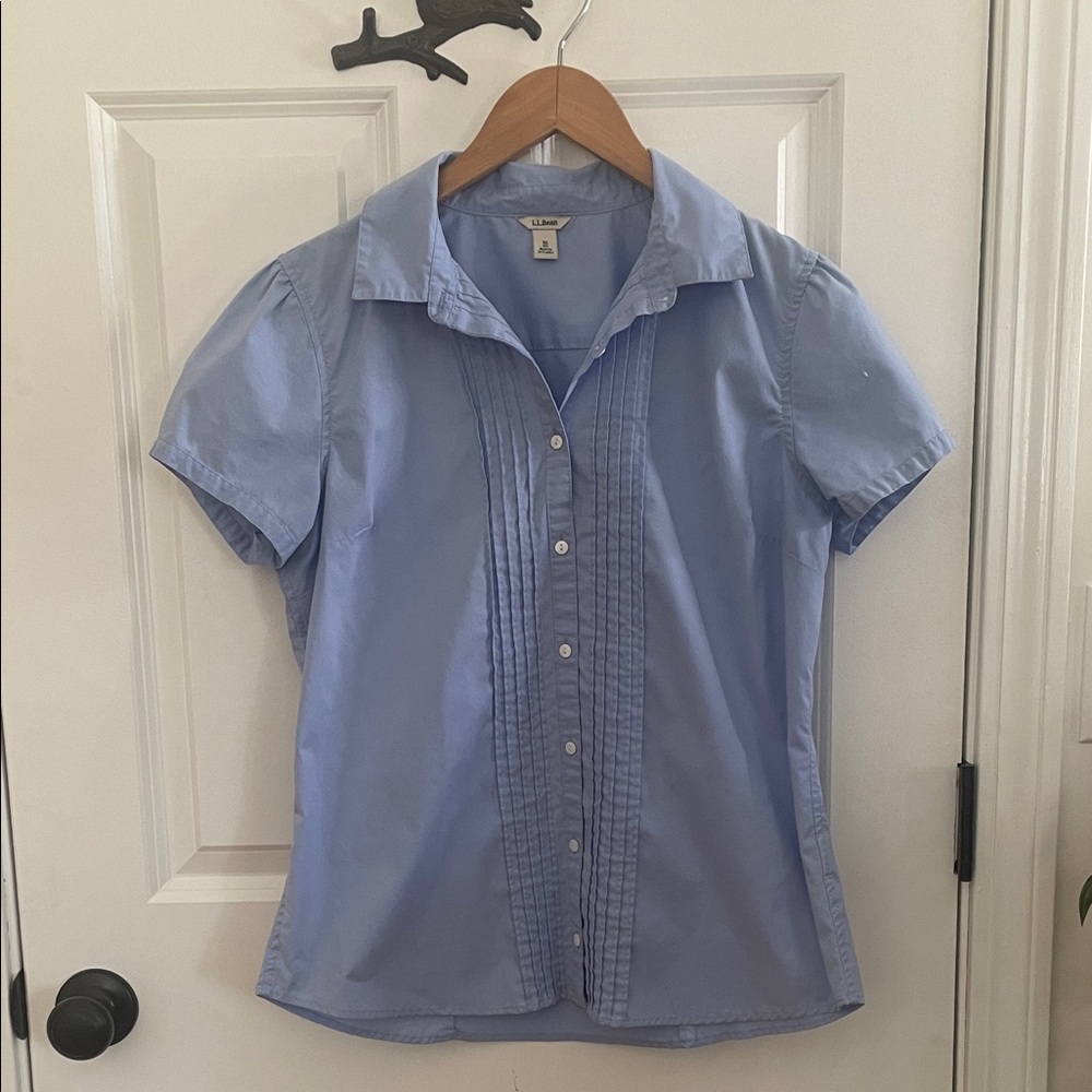 L.L. Bean Sky Ruffle Front Blue Short Sleeve Shirt